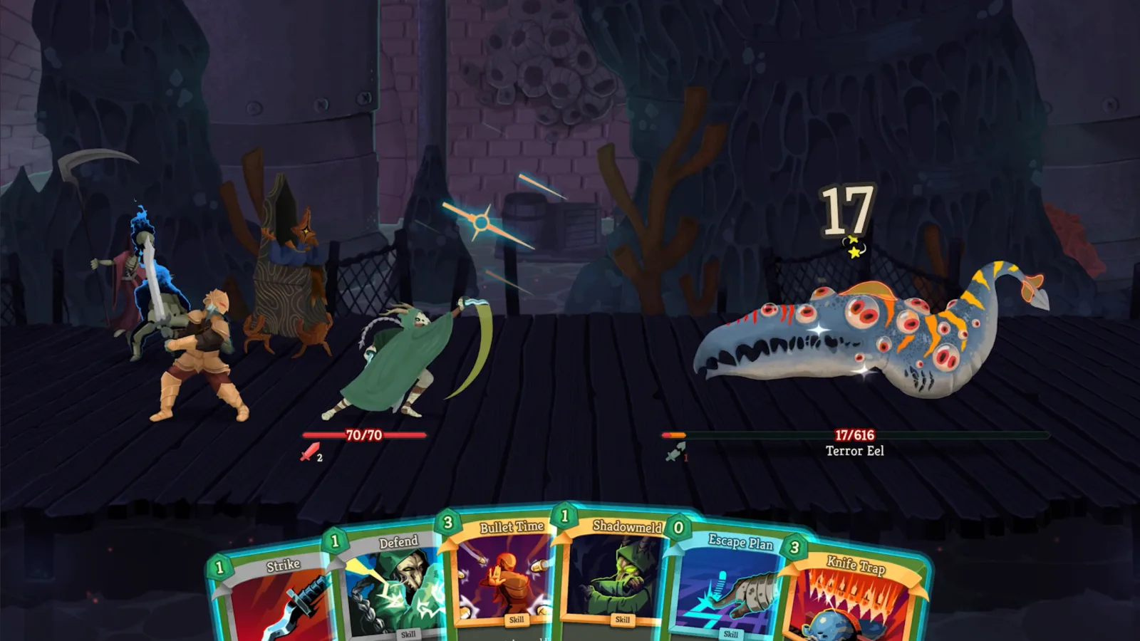 Silent attacking the Terror Eel in an official Slay the Spire 2 co-op screenshot